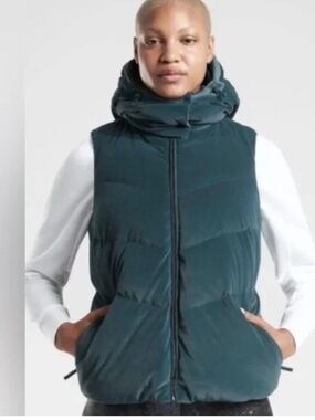 Athleta Lofty Puffy Velvet Down Vest Size Small Green No Hood
